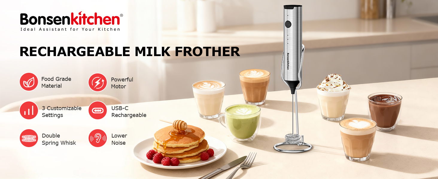 ぺんぎん3 Amazon.com: Bonsenkitchen Rechargeable Milk Frother with Stand, 3